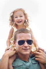 Image showing Happy, man and child in white background, piggyback and bonding together for break and fun on weekend. Family, father and daughter with smile or enjoying holiday, vacation and kid cheerful or laugh