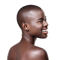 Image showing Smile, face and closeup of black woman for skin care, beauty and cosmetics isolated on white background. Female person, African lady and even tone in studio for makeup, cleansing and treatment