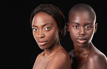 Image showing Studio, skincare and beauty of friends, portrait and confident for cosmetics on black background. Wellness, women or african people for dermatology or facial treatment, mockup space and proud of glow