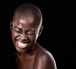 Image showing Studio, skin care and beauty of woman, cosmetics and satisfaction on black background. African female person, smile and happy for dermatology or facial treatment, mockup space and proud of wellness