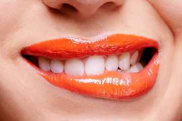 Image showing Lipstick, beauty and bite lip of woman for makeup, cosmetics and products for flirt or seduction. Salon, cosmetology and closeup of face of person with red lip gloss, shine and creative aesthetic