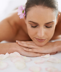 Image showing Zen, massage and face of woman at spa for health, wellness and balance with luxury holistic treatment. Self care, relax and girl on table for body therapy, comfort and calm pamper service at hotel