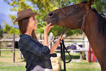 Image showing Cowgirl, smile and woman with horse at farm outdoor in summer or nature in Texas for recreation. Western, happy female person and animal at ranch, pet or stallion in the rural countryside for care