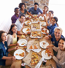 Image showing Group, friends and party with pizza, diversity and high angle for joy or celebration for youth. Men, women and fast food with drink, social gathering and snack for lunch or eating at italian pizzeria