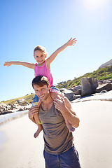 Image showing Portrait, man and girl on shoulder for play, vacation and bonding together on beach in New Zealand. Father, carry or daughter for holiday, happiness or sunlight for fun, family or game on summer day