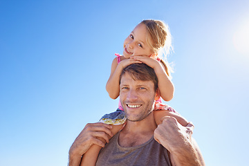 Image showing Portrait, dad and shoulder to carry girl for family, game and bonding together on sunny day. Blue sky, papa and young daughter for fun walk, happiness and sunshine on vacation in South Africa