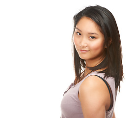 Image showing Happy, asian woman and portrait with natural beauty or haircare on a white studio background. Face of attractive female person or young model with smile in fashion or casual clothing on mockup space