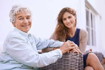 Image showing Portrait, senior and mother in nursing home together with daughter, outdoor and woman to visit wise mom. Girls, smile and holding hands as family, happy and retirement of elderly female person