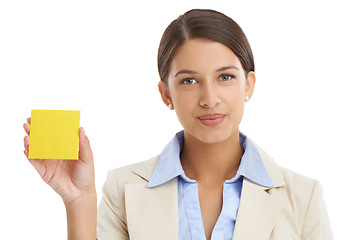 Image showing Note, white background and portrait of business woman for news, information and announcement. Professional, corporate worker and isolated person with sticky notes for writing or planning in studio