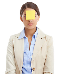 Image showing Sticky notes, white background and face of business woman for news, information and writing ideas. Professional, corporate and isolated person with paper for planning, schedule and reminder in studio