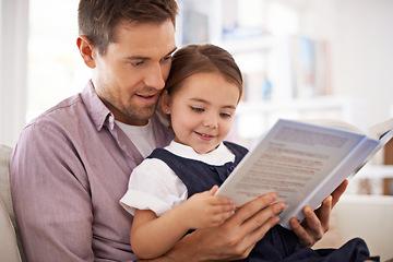 Image showing Father, child with book for reading and knowledge, happy with bonding at home and storytelling for education. Man, young girl and story time for fantasy and learn, love and care together in lounge