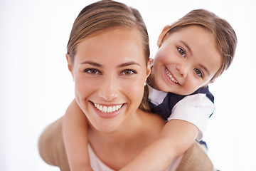 Image showing Mom, kid and piggyback in portrait in studio with games, love and bonding with smile while playing on white background. Playful woman, young girl and happy with fun time together for childhood