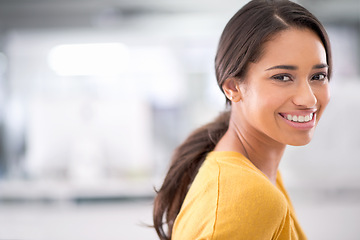 Image showing Smile, business and portrait of woman with confidence, office and career opportunity in mockup. Proud, happy or professional businesswoman with job in project management, development or consulting