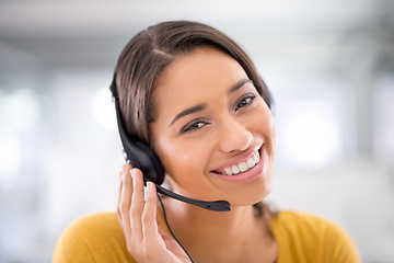 Image showing Smile, callcenter and portrait of woman with headset, help desk and phone call at crm office. Proud, happy or professional consultant with job in telemarketing, customer service and online support.