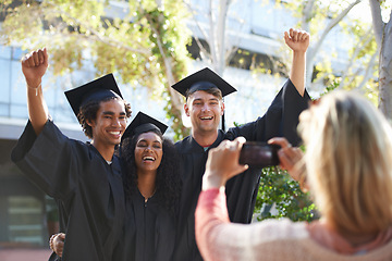 Image showing Graduation, university and students smile for picture for learning, studying and knowledge on campus. Education, friends and man and woman with phone for celebration, graduate ceremony and college