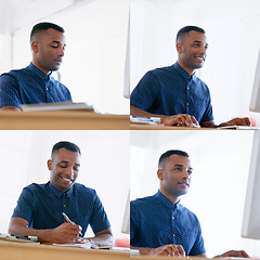 Image showing Collage, businessman and working in office, focused and online professional taking notes. African American person, employee and creative blogging feature and update on internet site and social media