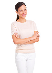 Image showing Portrait, fashion and arms crossed with business woman in studio isolated on white background for work style. Job, confident and trendy outfit with happy or proud young employee in clothes for career