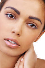 Image showing Model, closeup and cosmetics for beauty in studio and dermatology for person. Girl, face and self care for lips with eyebrows from micro blading and aesthetic skin with glow and white background