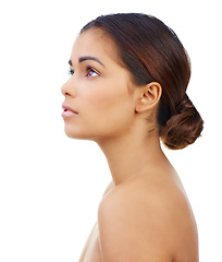 Image showing Skincare, idea and woman in studio with natural, glow and healthy face routine for wellness. Beauty, thinking and young female person with facial dermatology treatment isolated by white background.