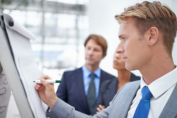 Image showing Businessman, flipchart and writing in office with meeting for project planning, stocks performance and profit management. Financial analyst, employee and person with presentation of data in workplace