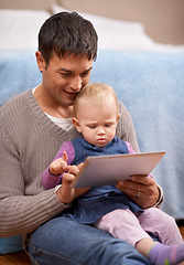 Image showing Tablet, search or father and baby on a floor for cartoon, streaming or gaming while bonding at home. Digital, learning or dad and girl in bedroom with storytelling app, fantasy or child development