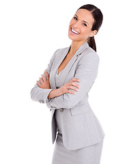 Image showing Portrait, happy and business woman with confidence in studio isolated on a white background. Arms crossed, professional and smile of advisor, entrepreneur and employee laughing with pride in Spain