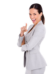 Image showing Businesswoman, portrait and pointing or confident in studio or employment choice, opportunity or hiring. Female person, face and finger or mockup on white background or law firm, selection or excited