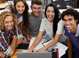 Image showing Portrait, students and working together on laptop in classroom, assignment and online project in university. Scholarship, face or collaboration in college with diversity or blog for academic research