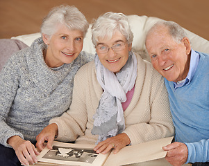 Image showing Old people, portrait and photo album or memory nostalgia in retirement or together, photograph or connection. Elderly man, women and picture book in home in Canada or bonding, remember or friends
