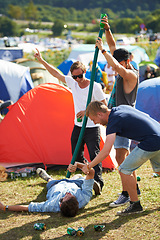 Image showing Beer, music festival or drunk friends drinking together on vacation or outdoor social event in summer. Concert, crazy party games celebration or excited people with hose funnel or alcohol pipe tube
