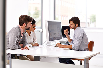 Image showing Business people, meeting and manager working with staff at desk for planning and web consultancy. Teamwork, discussion and management of team with professional conversation for company project