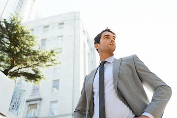 Image showing Businessman, city and buildings with thinking for accounting, career or business in Los Angeles. Professional man, entrepreneur and vision with confidence for opportunity mindset and ambition