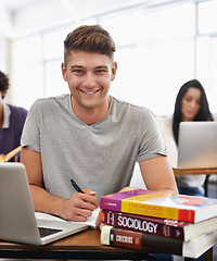 Image showing University, laptop and portrait of man in classroom for learning, studying and knowledge. Education, academy and student with computer for research, internet and online website on college campus