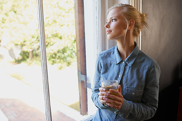 Image showing Thinking, calm and woman with tea in a house for peaceful, reflection or moment at home. Remember, nostalgic and female person with drink, memory or enjoying me time, day off or weekend in apartment