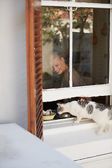 Image showing Woman, smile and relax by window with cat for feed, comfort and playing with reflection in living room of home. Person, happiness and pet with food for eating, animal companion or confidence in house