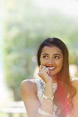 Image showing Nature, thinking and woman happy for traveling, smile and daydreaming on vacation in garden for peace. Female person, countryside and enjoy the holiday in outdoors, adventure and calm on mockup space