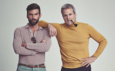 Image showing Man, portrait and friends with tobacco pipe in fashion, style or confidence on a gray studio background. Serious, male person or people posing in stylish or casual clothing with aged smoker on mockup