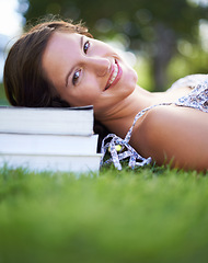 Image showing Books, park and portrait of woman relax, happy and resting for studying, reading and learning. Education, university and person outdoors for wellness, fresh air and peace with textbooks for knowledge