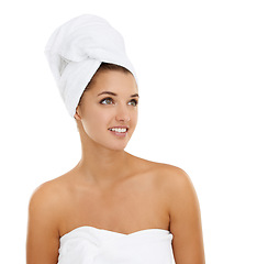 Image showing Towel, thinking and woman in shower for beauty routine, self care treatment or mockup space for dermatology. Ideas, salon and studio person for skincare, glow or wellness on white background