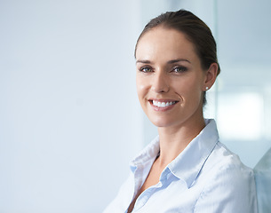 Image showing Businesswoman, smile and portrait in office for career, corporate and mockup space. Professional female person, face and happy at occupation for new job, opportunity and ambition at workplace