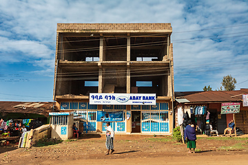 Image showing Abay bank on Ethiopian street and local people on the street. Every person in Ethiopia own bank account