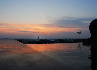 Image showing view of the center of the Siberian city Khanty-Mansiysk at sunse