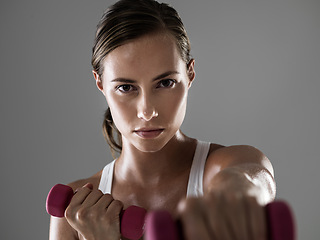 Image showing Serious woman, portrait and fitness with dumbbells for weightlifting, workout or exercise on a gray studio background. Female person, bodybuilder or athlete with small barbells for training on mockup