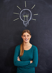 Image showing Idea, portrait and woman with light bulb on chalkboard for inspiration, brainstorming and problem solving. Creative, question and person on background with icon for solution, thinking and planning