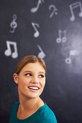 Image showing Music, notes and face of woman on chalkboard for learning, teaching and musical education in classroom. Art school, creative and person thinking with signs for melody, sound and song for lesson