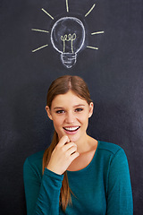 Image showing Portrait, thinking and woman with light bulb on chalkboard for inspiration, brainstorming and problem solving. Creative, question and person on background with icon for ideas, thoughtful and planning