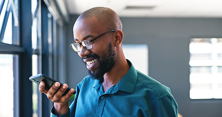 Image showing Phone, voice recognition and businessman in office, audio and app for communication. Smile, tech and professional African male person recording message on call, speaker and conversation in workplace