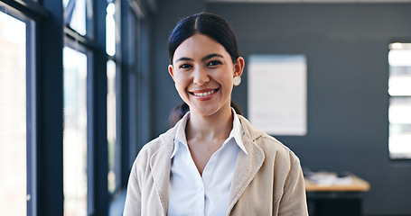 Image showing Portrait, smile and business woman in office with confidence, opportunity and professional ambition. Trust, pride and happy face of entrepreneur at consulting startup with positive attitude in career