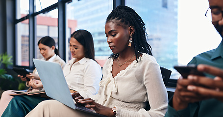 Image showing Laptop, typing and black woman employee in workshop or seminar for growth, training and development. Computer, learning and upskill with tech business person in office for education conference