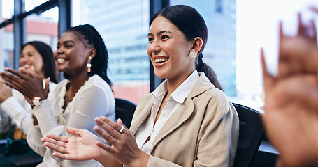 Image showing Business people, woman and applause in presentation for success with support, happy and celebration in office. Teamwork, employees and audience clapping hands for promotion, welcome and achievement